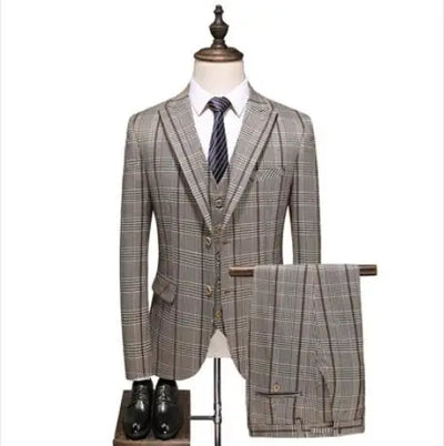 Men's Khaki Official Plaid Slim Fit Banquet Suit Set 3pcs Blazer Vest Pants / Male High Quality Business Dress Jacket Trousers