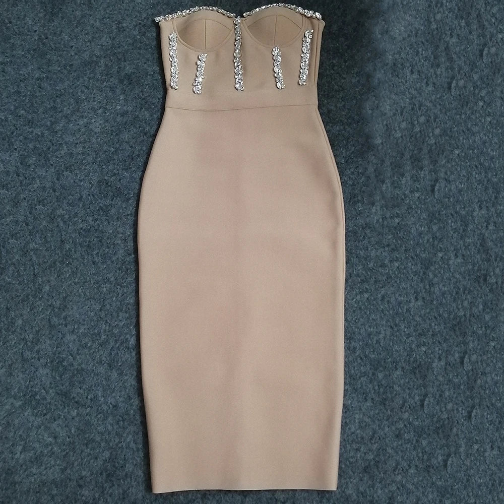 Sexy Strapless Women Dress Bandage Bodycon 2023 New Elegant Beading Party Evening Club Midi Dresses Summer Autumn Clothes