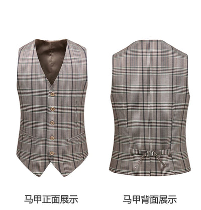 Men's Khaki Official Plaid Slim Fit Banquet Suit Set 3pcs Blazer Vest Pants / Male High Quality Business Dress Jacket Trousers