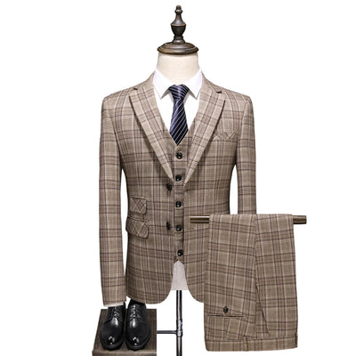 Men's Khaki Official Plaid Slim Fit Banquet Suit Set 3pcs Blazer Vest Pants / Male High Quality Business Dress Jacket Trousers