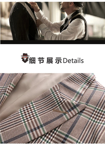 Men's Khaki Official Plaid Slim Fit Banquet Suit Set 3pcs Blazer Vest Pants / Male High Quality Business Dress Jacket Trousers