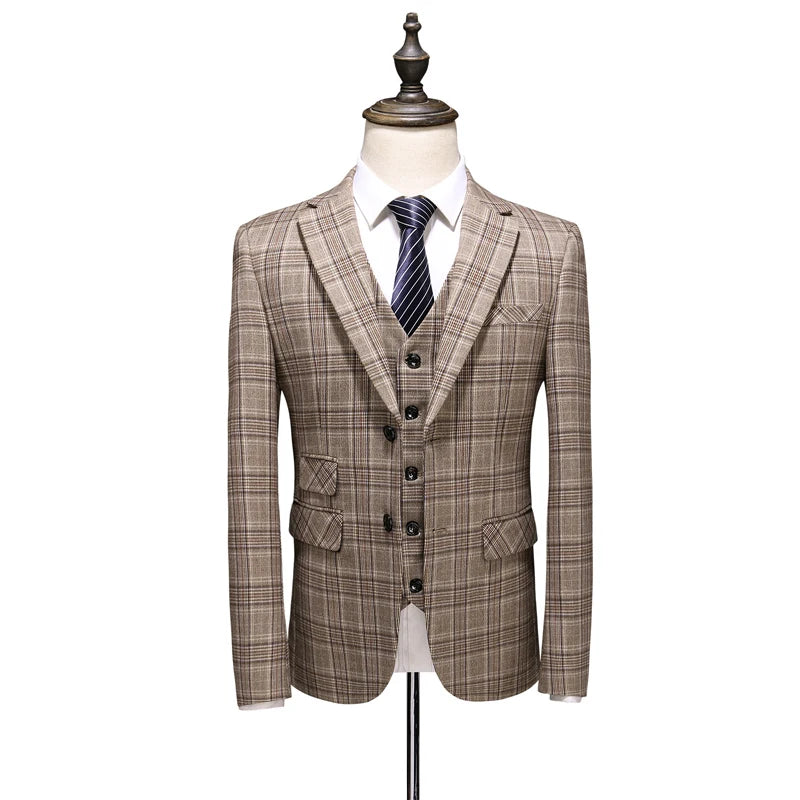 Men's Khaki Official Plaid Slim Fit Banquet Suit Set 3pcs Blazer Vest Pants / Male High Quality Business Dress Jacket Trousers