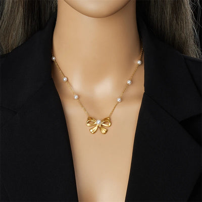 LAMENGLY New High Quality 316l Stainless Steel Pearl Big Bowknot Pendant Necklace Women Elegant Luxury Neck Chain Jewelry Gift