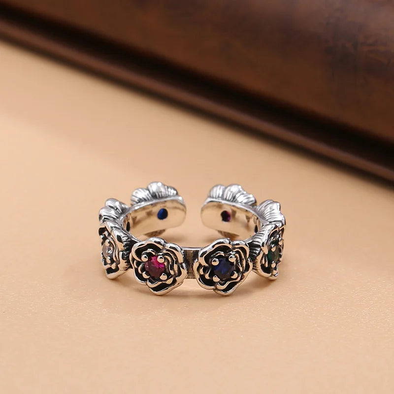 Original S925 Sterling Silver roSe ring for women retro diStreSSed index finger ring perSonalized open adjuStment ring