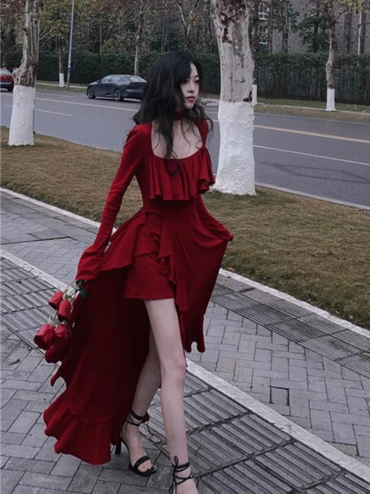 Red Asymmetrical Elegant Party Dress Women Ruffles Design Korean Slim Fairy Dress Female 2024 Autumn Sweet Casual Midi Dress Y2k