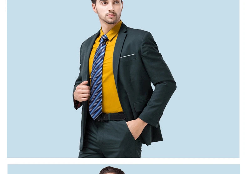 ( Jackets + Pants ) Blazer Trousers Fashion Solid Color Men's Casual Official Office Business Suit Bride's Wedding Dress Party