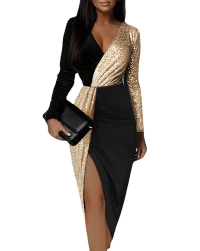 Sexy Elegant Black Luxury Prom Sequins Cocktail Party Evening Chic Dresses Women Long Sleeve Deep V-neck Bodycon Dress Clothes