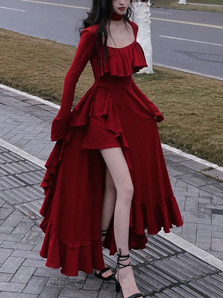 Red Asymmetrical Elegant Party Dress Women Ruffles Design Korean Slim Fairy Dress Female 2024 Autumn Sweet Casual Midi Dress Y2k