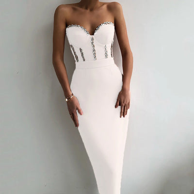 Sexy Strapless Women Dress Bandage Bodycon 2023 New Elegant Beading Party Evening Club Midi Dresses Summer Autumn Clothes