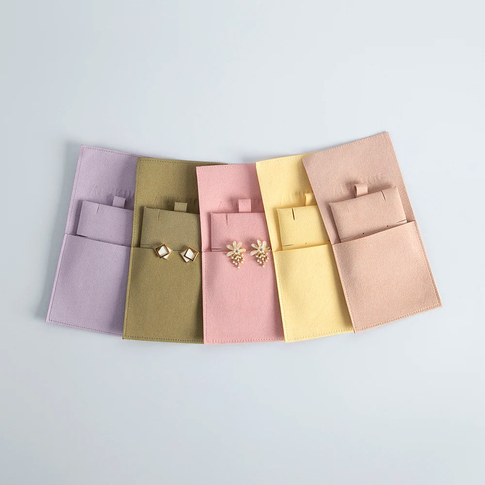 Custom Logo Printed Envelope Flap Package Pouch Luxury Microfiber Suede Necklace Bracelet Earrings Jewelry Bag with Card Insert