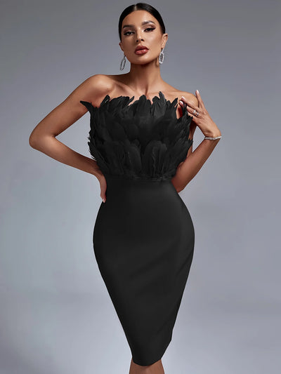 Black Bandage Dress Women Feather Party Dress Bodycon Elegant Midi Sexy Strapless Evening Birthday Club Outfits Summer 2023