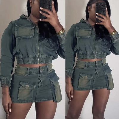 Denim Cropped Jacket 2 Piece Mini Skirt Sets 2024 Fall Clothes Women Sexy Elegant Luxury Crop Hoodie Tops Two Piece Sets Outfits