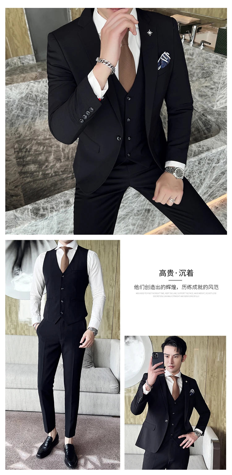 ( Jacket + Vest + Pants ) High -end Brand Official Business Solid Color Casual Suit Three -piece Suit  Groom Wedding Gown Jacket