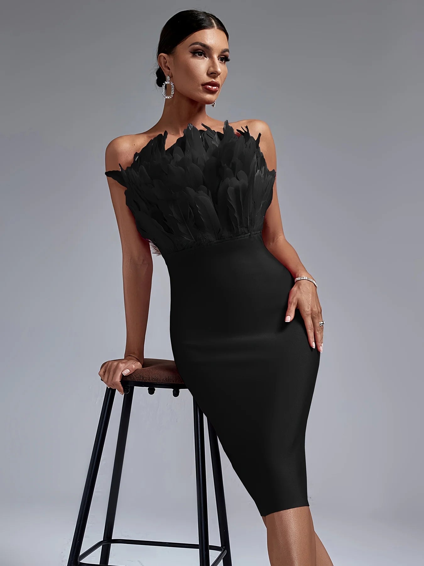 Black Bandage Dress Women Feather Party Dress Bodycon Elegant Midi Sexy Strapless Evening Birthday Club Outfits Summer 2023