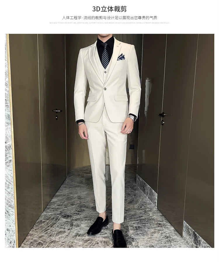 ( Jacket + Vest + Pants ) High -end Brand Official Business Solid Color Casual Suit Three -piece Suit  Groom Wedding Gown Jacket