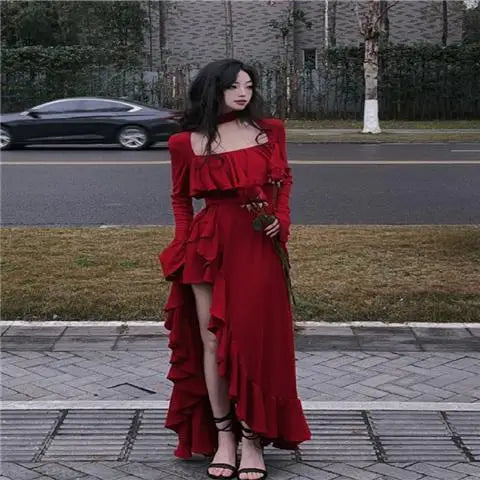 Red Asymmetrical Elegant Party Dress Women Ruffles Design Korean Slim Fairy Dress Female 2024 Autumn Sweet Casual Midi Dress Y2k