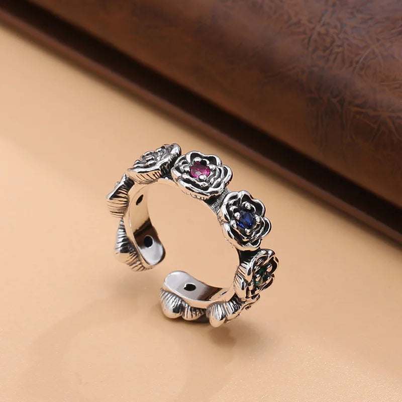 Original S925 Sterling Silver roSe ring for women retro diStreSSed index finger ring perSonalized open adjuStment ring