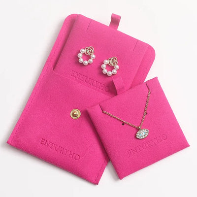 Pink Personalized Logo Microfiber Snap Button Bag with Earrings Card Jewelry Package Gift Bag with Necklace Display Pad/Card