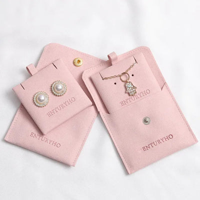 Pink Personalized Logo Microfiber Snap Button Bag with Earrings Card Jewelry Package Gift Bag with Necklace Display Pad/Card