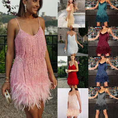 Ueteey 2024 Summer Pink Party Dress Evening Luxury Women Clothes Tassel Fringed Sexy Bodycon Dress Club Outfits Vestidos