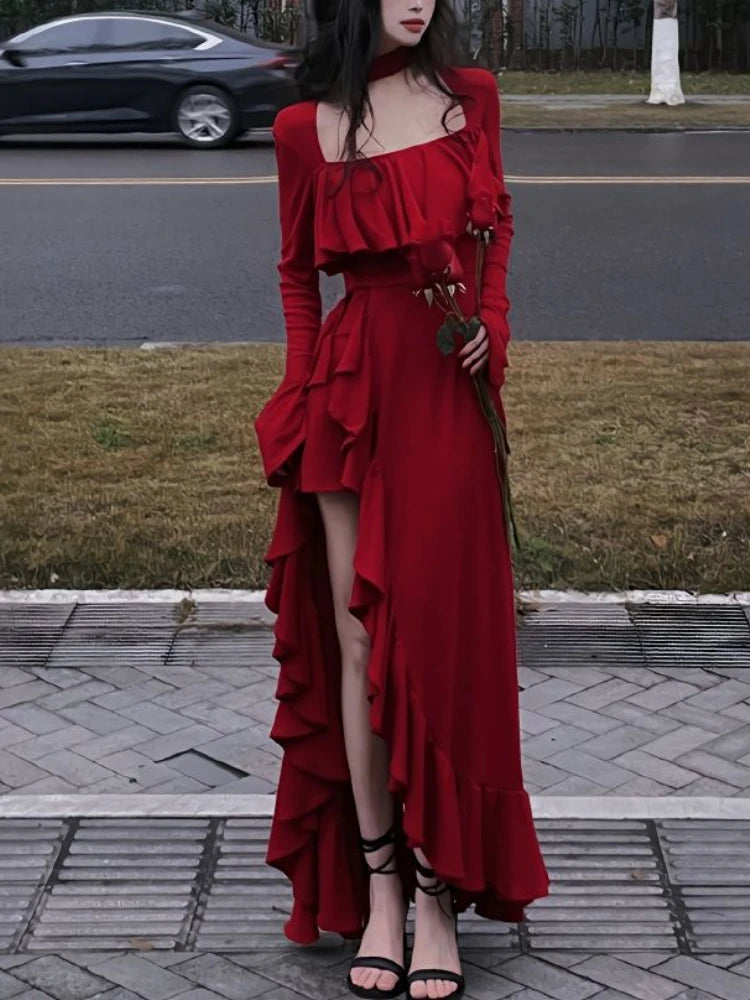 Red Asymmetrical Elegant Party Dress Women Ruffles Design Korean Slim Fairy Dress Female 2024 Autumn Sweet Casual Midi Dress Y2k