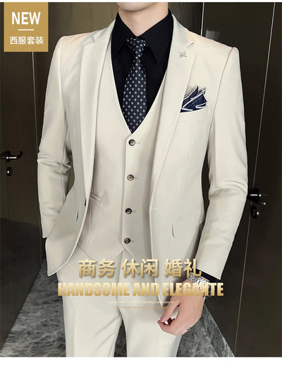 ( Jacket + Vest + Pants ) High -end Brand Official Business Solid Color Casual Suit Three -piece Suit  Groom Wedding Gown Jacket