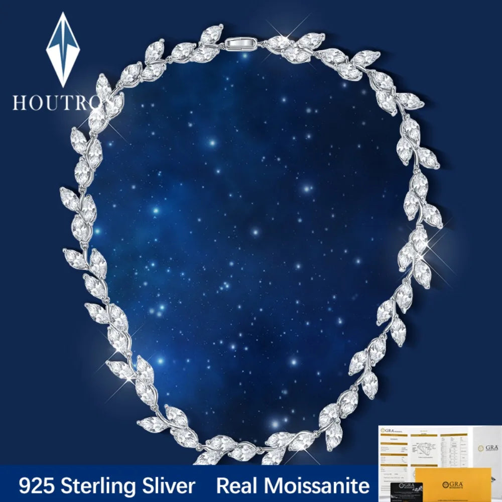 Houtros 48ct Marquise Full Moissanite Diamond Necklace 925 Sterling Silver Leaf Chokers Wedding Neck Chain Party Luxury Jewelry