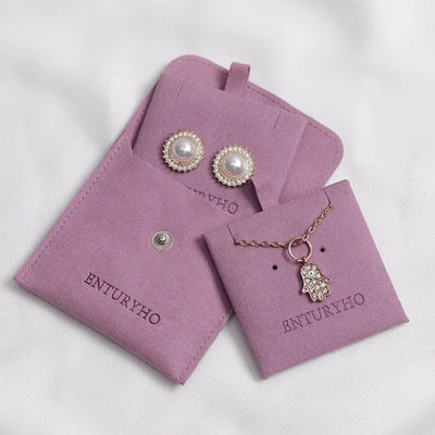 Pink Personalized Logo Microfiber Snap Button Bag with Earrings Card Jewelry Package Gift Bag with Necklace Display Pad/Card