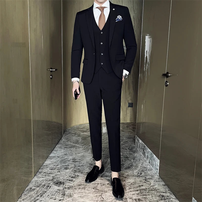 ( Jacket + Vest + Pants ) High -end Brand Official Business Solid Color Casual Suit Three -piece Suit  Groom Wedding Gown Jacket