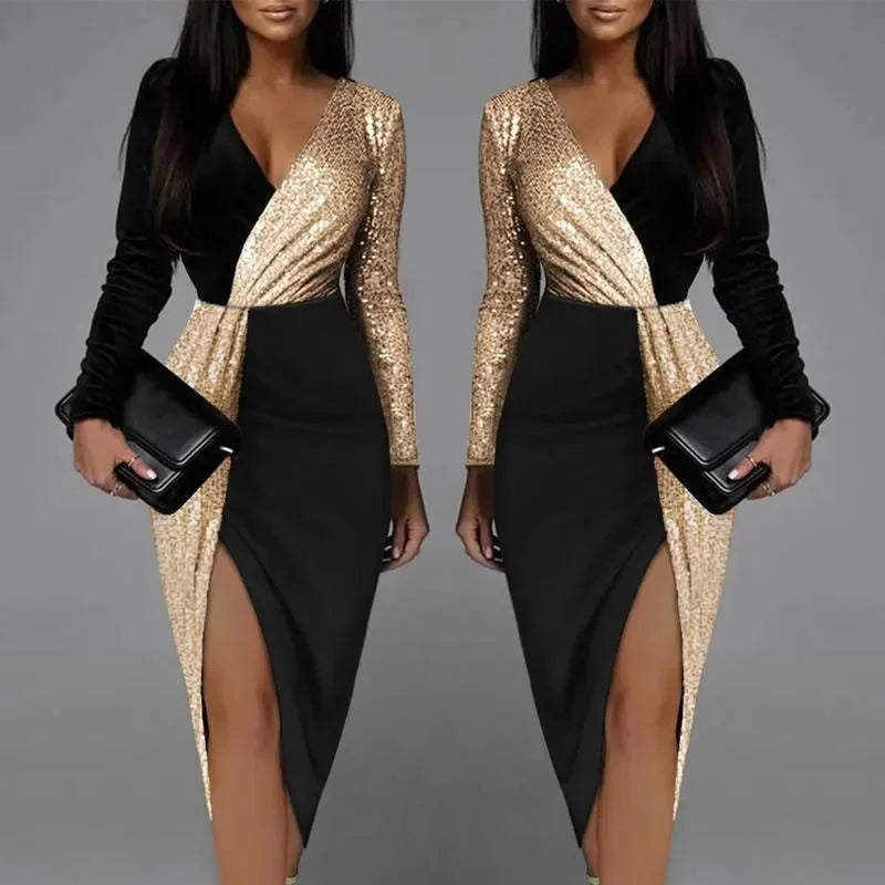 Sexy Elegant Black Luxury Prom Sequins Cocktail Party Evening Chic Dresses Women Long Sleeve Deep V-neck Bodycon Dress Clothes