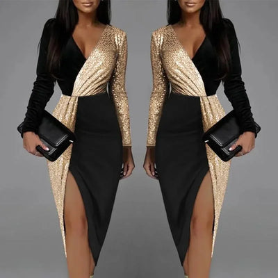 Sexy Elegant Black Luxury Prom Sequins Cocktail Party Evening Chic Dresses Women Long Sleeve Deep V-neck Bodycon Dress Clothes