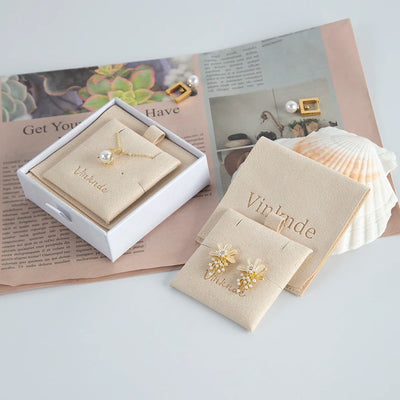 Custom Logo Printed Envelope Flap Package Pouch Luxury Microfiber Suede Necklace Bracelet Earrings Jewelry Bag with Card Insert