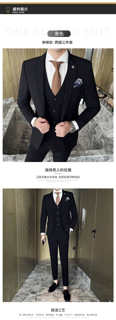 ( Jacket + Vest + Pants ) High -end Brand Official Business Solid Color Casual Suit Three -piece Suit  Groom Wedding Gown Jacket