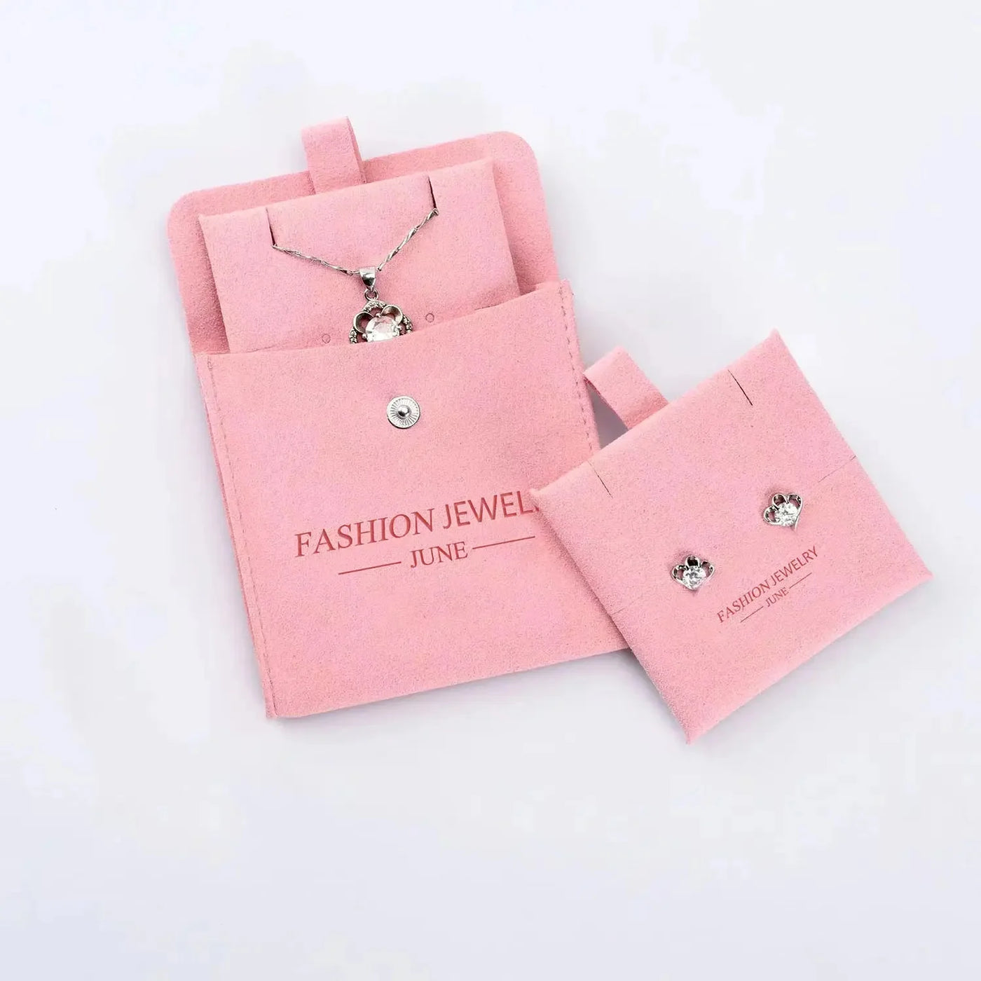 Pink Personalized Logo Microfiber Snap Button Bag with Earrings Card Jewelry Package Gift Bag with Necklace Display Pad/Card