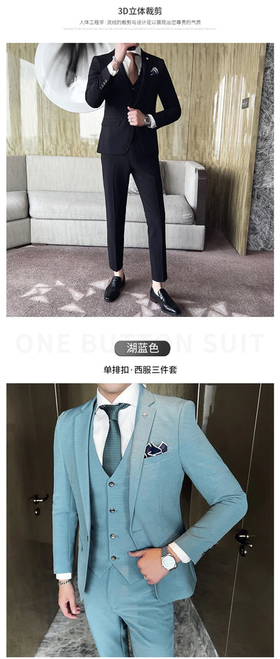 ( Jacket + Vest + Pants ) High -end Brand Official Business Solid Color Casual Suit Three -piece Suit  Groom Wedding Gown Jacket