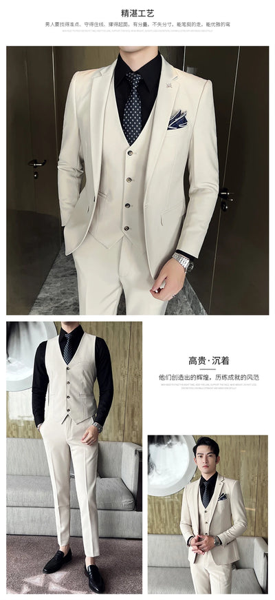 ( Jacket + Vest + Pants ) High -end Brand Official Business Solid Color Casual Suit Three -piece Suit  Groom Wedding Gown Jacket