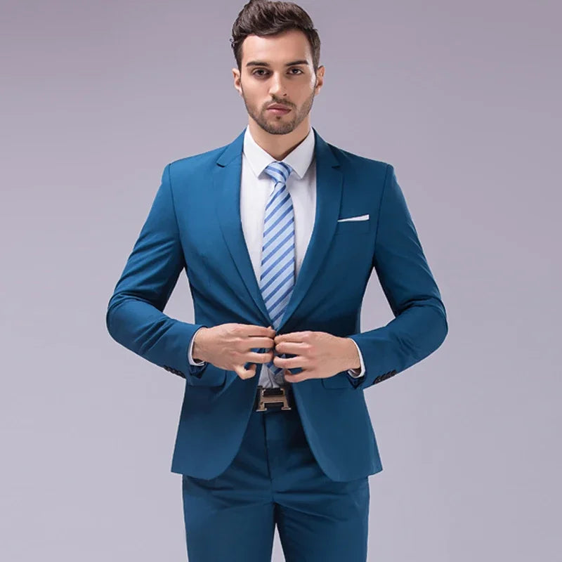 ( Jackets + Pants ) Blazer Trousers Fashion Solid Color Men's Casual Official Office Business Suit Bride's Wedding Dress Party