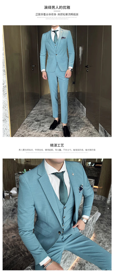 ( Jacket + Vest + Pants ) High -end Brand Official Business Solid Color Casual Suit Three -piece Suit  Groom Wedding Gown Jacket