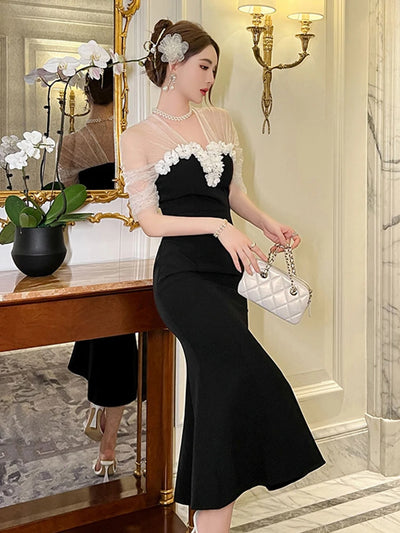 New Summer Mesh See Through Black Evening Dress Women Clothes Elegant Luxury Sweet Sexy V-Neck Slim Party Birthday Vestidos Robe