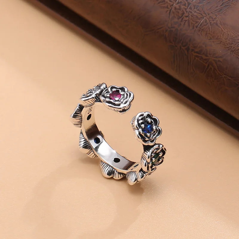 Original S925 Sterling Silver roSe ring for women retro diStreSSed index finger ring perSonalized open adjuStment ring