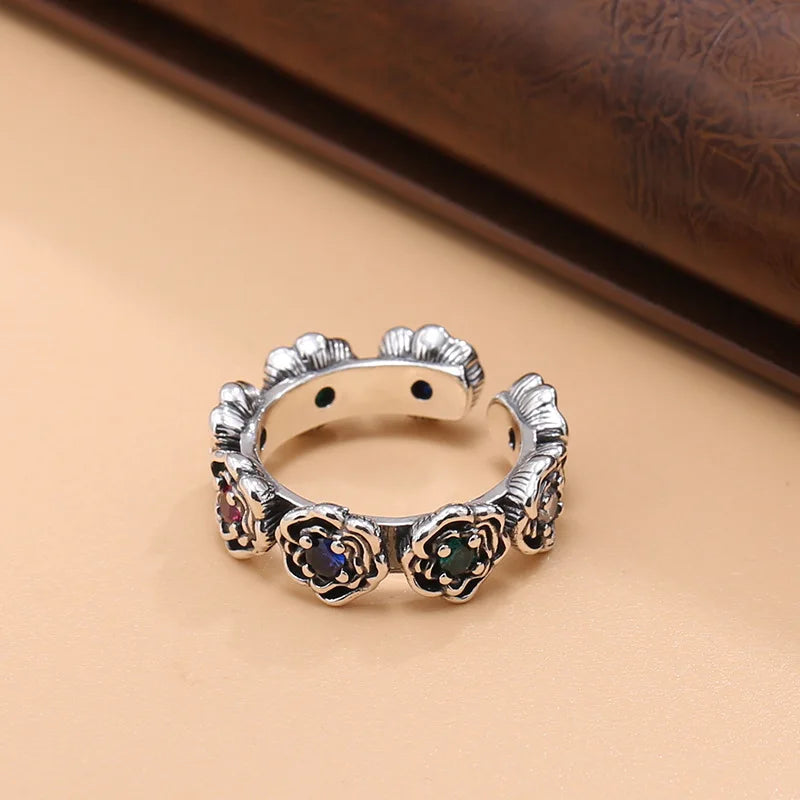 Original S925 Sterling Silver roSe ring for women retro diStreSSed index finger ring perSonalized open adjuStment ring