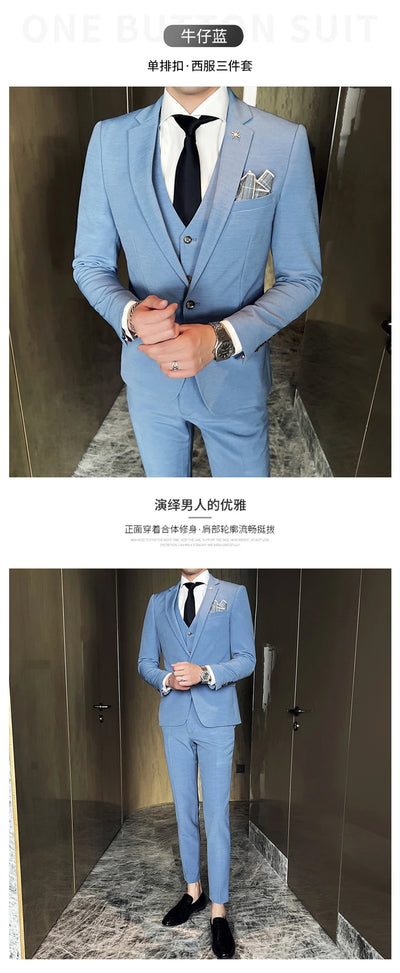 ( Jacket + Vest + Pants ) High -end Brand Official Business Solid Color Casual Suit Three -piece Suit  Groom Wedding Gown Jacket