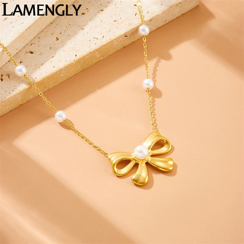 LAMENGLY New High Quality 316l Stainless Steel Pearl Big Bowknot Pendant Necklace Women Elegant Luxury Neck Chain Jewelry Gift