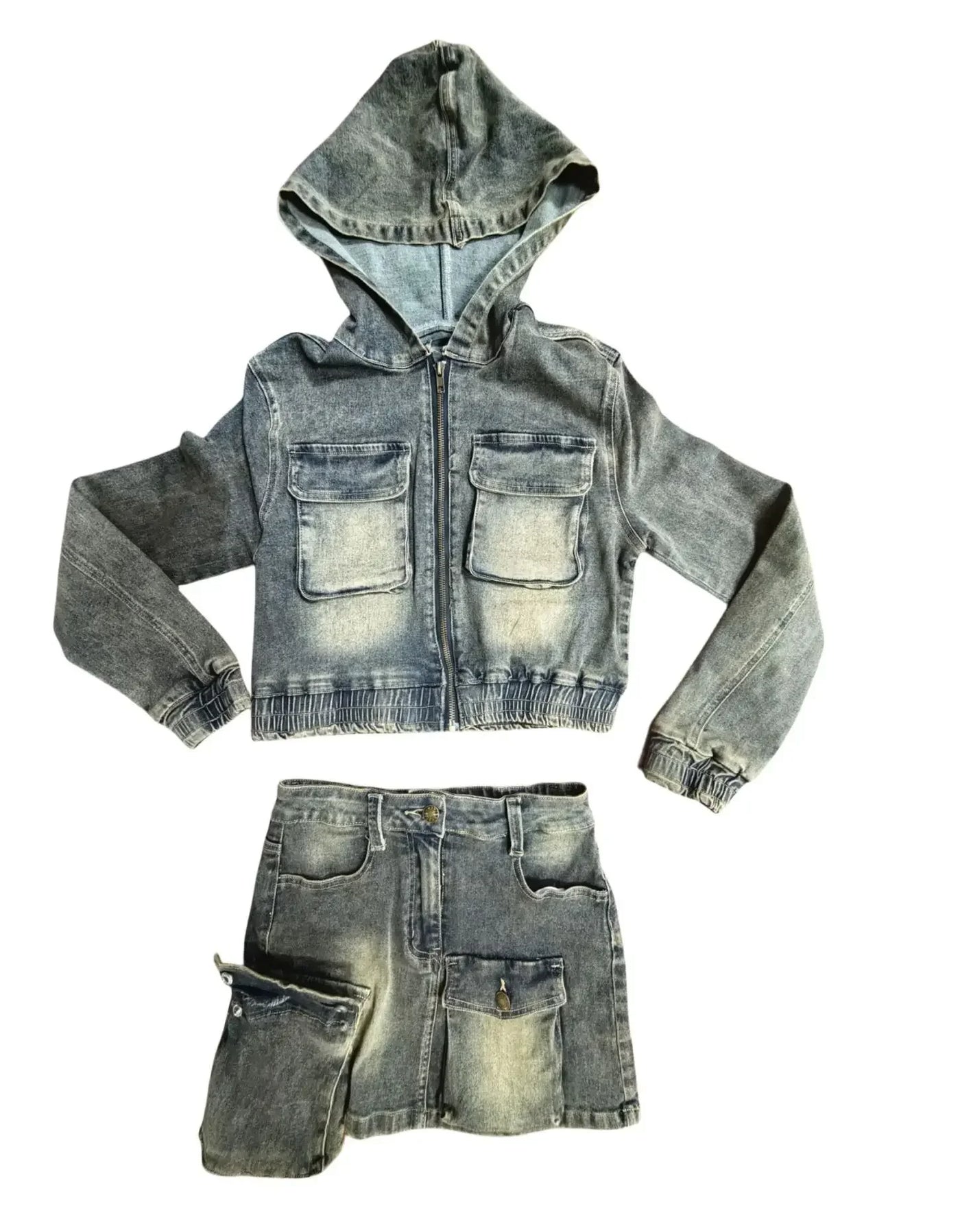 Denim Cropped Jacket 2 Piece Mini Skirt Sets 2024 Fall Clothes Women Sexy Elegant Luxury Crop Hoodie Tops Two Piece Sets Outfits