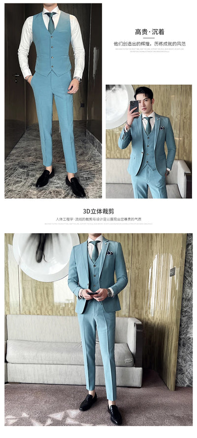 ( Jacket + Vest + Pants ) High -end Brand Official Business Solid Color Casual Suit Three -piece Suit  Groom Wedding Gown Jacket