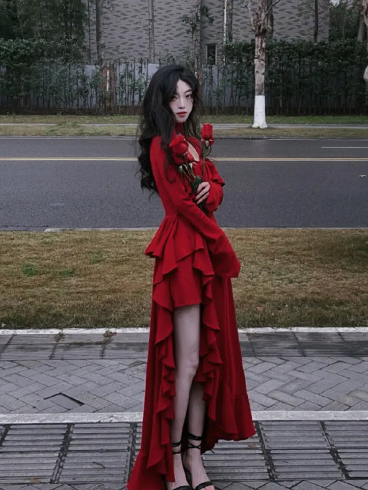 Red Asymmetrical Elegant Party Dress Women Ruffles Design Korean Slim Fairy Dress Female 2024 Autumn Sweet Casual Midi Dress Y2k