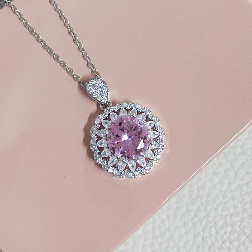 2023 New Luxury Halo 925 Silver Pink on The Neck Pendant Necklaces for Women Lady Anniversary Gift Jewelry Wholesale