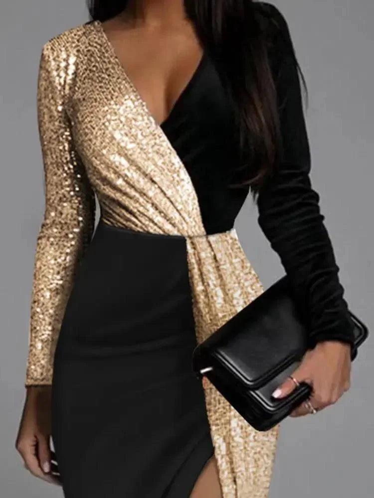 Sexy Elegant Black Luxury Prom Sequins Cocktail Party Evening Chic Dresses Women Long Sleeve Deep V-neck Bodycon Dress Clothes